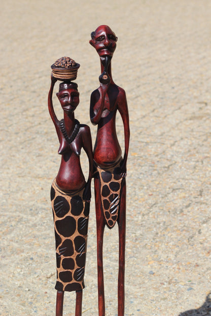 Tall Giraffe themed Inner Olive wood hand carved Maasai Couple. Zimbabwean Handmade African Art Gifts. Sculptures/Figurines for Home/Office