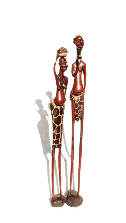 Tall Giraffe themed Inner Olive wood hand carved Maasai Couple. Zimbabwean Handmade African Art Gifts. Sculptures/Figurines for Home/Office