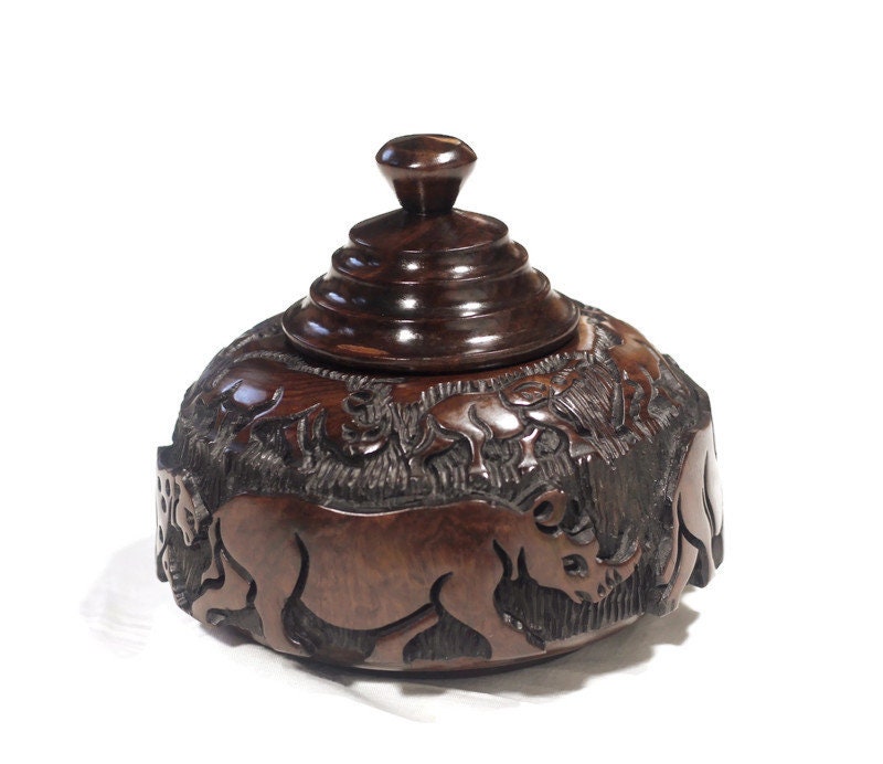 Floating Style African Big 5 Iron Wood Storage Bowl. Malawian handcarved Circular Rings lid, animals basin with Tree Carvings. Ready to Ship