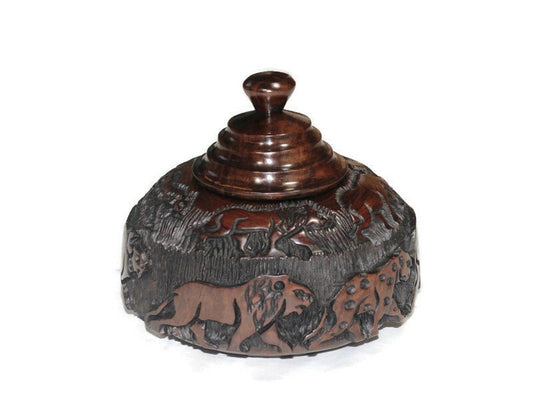 Floating Style African Big 5 Iron Wood Storage Bowl. Malawian handcarved Circular Rings lid, animals basin with Tree Carvings. Ready to Ship