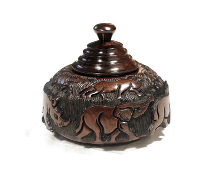 Floating Style African Big 5 Iron Wood Storage Bowl. Malawian handcarved Circular Rings lid, animals basin with Tree Carvings. Ready to Ship