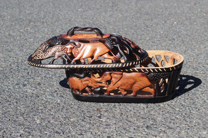 Large Olive Wood Basket with lid. Handcarved Africa Big Five Animals, amazing Table Centerpiece. Handmade in Zimbabwe Ready to Ship Art Gift