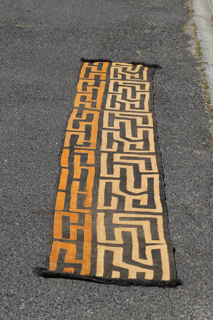 Authentic Congolese Kuba Clothe/throw. Orange and Beige on Black, Long  Dining room table decor. Also framable for Wall Art. DIY Cushions