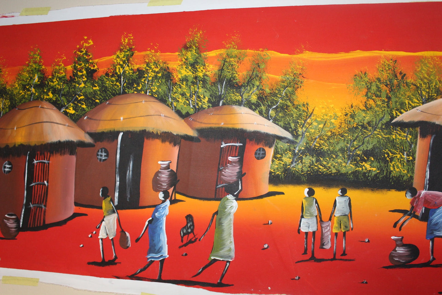 42×21" Sunset African Village life Acrylic Painting on Canvas. Unframed Wall Art for home or office decor. Ready to Ship gifts, 2 in Stock.