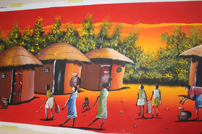 42×21" Sunset African Village life Acrylic Painting on Canvas. Unframed Wall Art for home or office decor. Ready to Ship gifts, 2 in Stock.