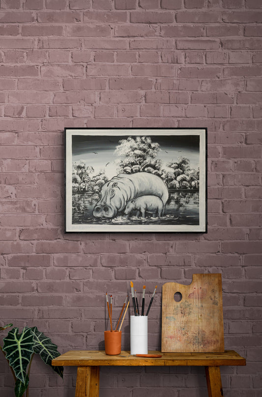 28"×20" Black and White Hippo and Calf Acrylic Painting on Canvas. Unframed Wall Art for home or office decor. Ready to Ship gift