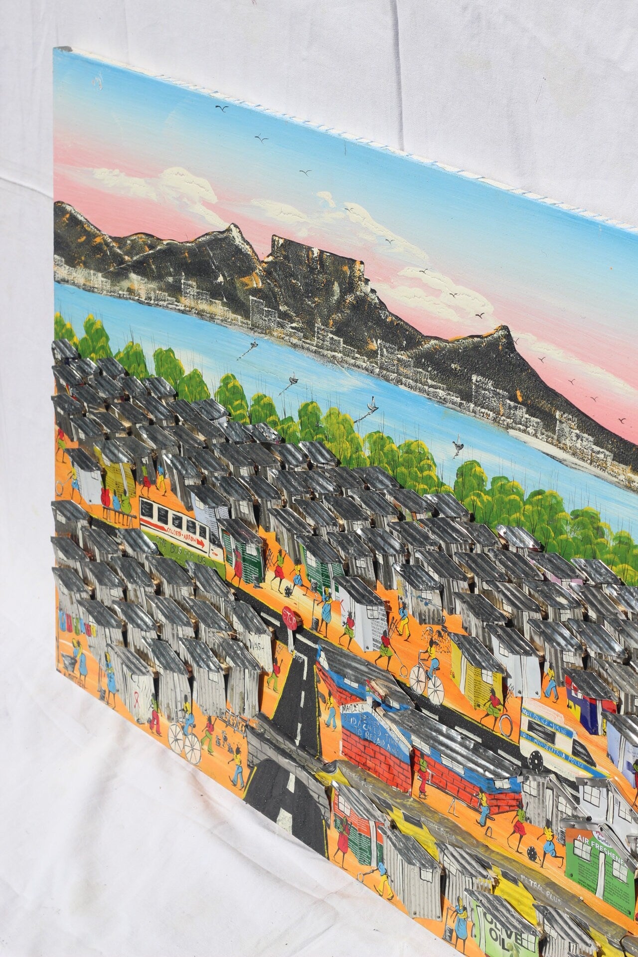 90×45cm Large Pink and Blue skies 3D South African Townships painting on Chip board. Unique Wall Decor, Cape Town, Ocean, Table Mountain art