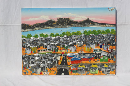 90×45cm Large Pink and Blue skies 3D South African Townships painting on Chip board. Unique Wall Decor, Cape Town, Ocean, Table Mountain art