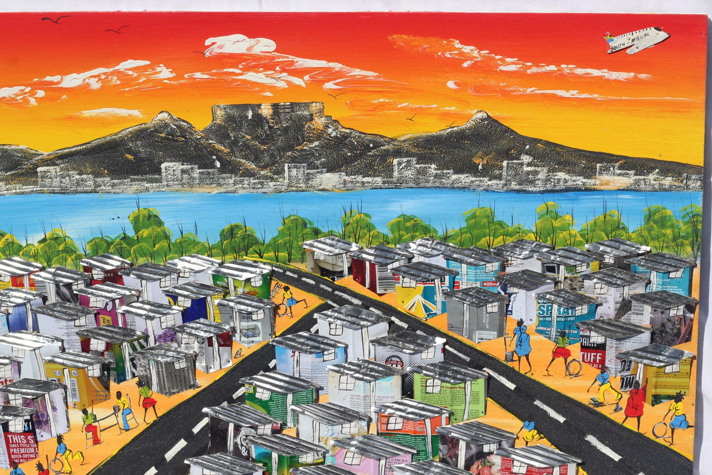 Large Sunset Orange 3D South African Townships painting on Chip board. Unique Wall Decor, Cape Town Table Mountain art Conference room Art.