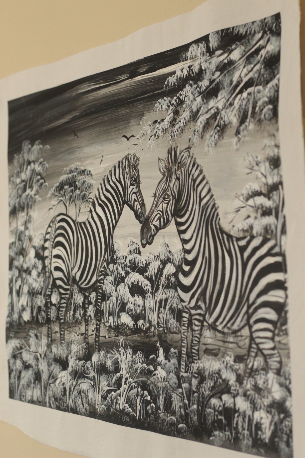 Black and White Zebra Family in the Forest Acrylic Painting on Canvas. Unframed Wall Art for home or office decor. Ready to Ship gifts