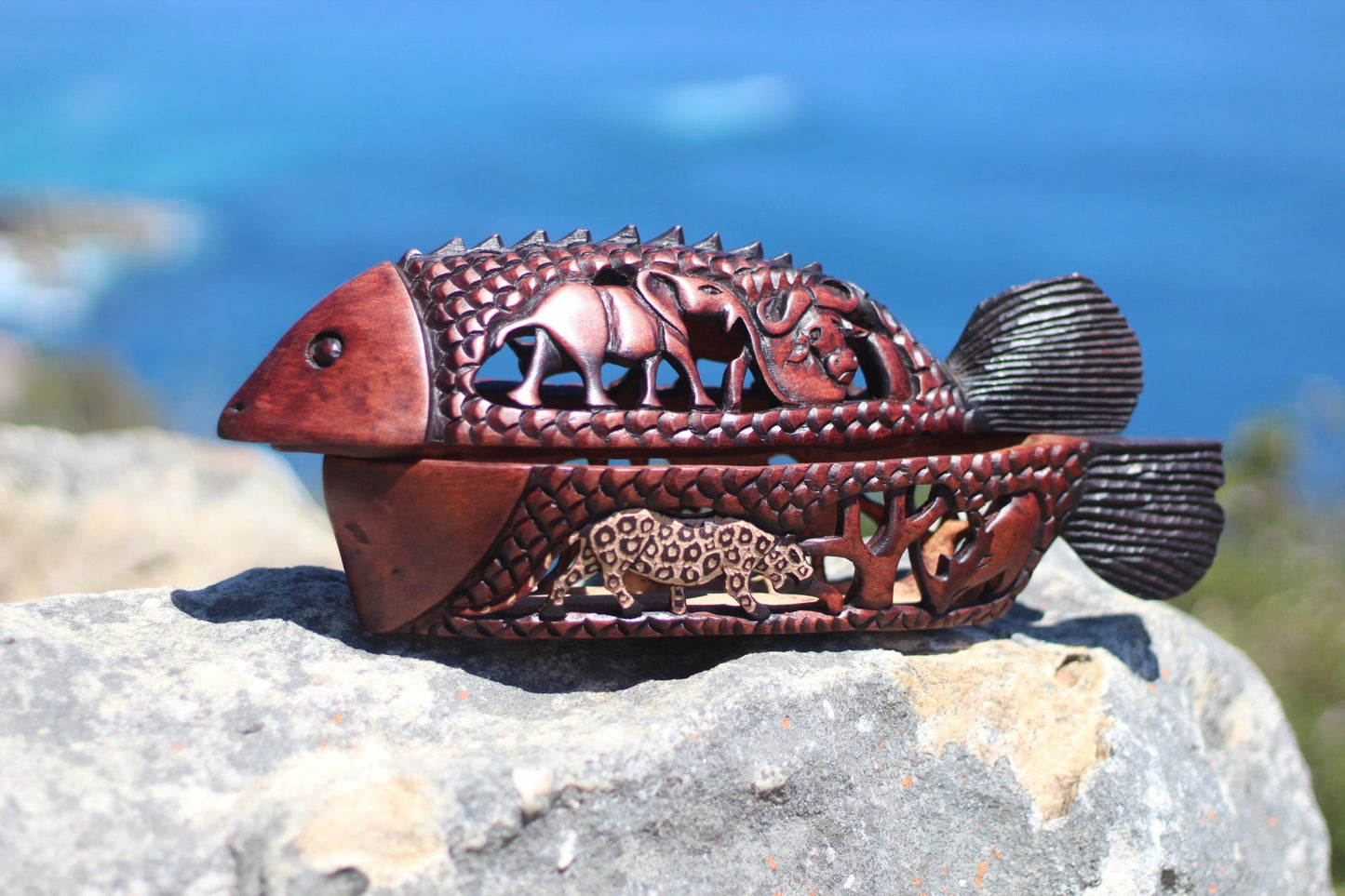 Brown and Black Fish Shape Olive Wood Basket. Zimbabwe Handcarved and Gouged African Big Five Animals. Amazing Table Decor Centrepiece