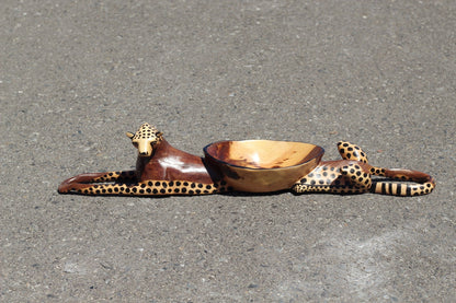 Seating Cheetah, handcarved Teak Or Iron Wood Snack bowl Table Centerpiece. Brown and black Big Cat Decor, ready to Ship African Art Gifts.