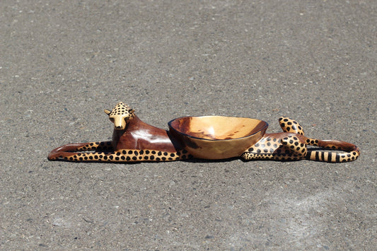 Seating Cheetah, handcarved Teak Or Iron Wood Snack bowl Table Centerpiece. Brown and black Big Cat Decor, ready to Ship African Art Gifts.