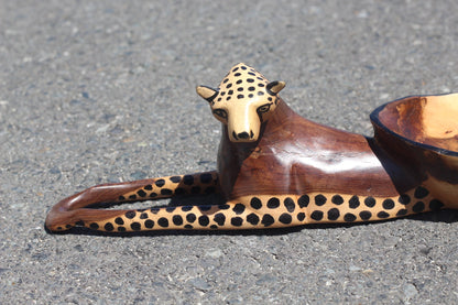 Seating Cheetah, handcarved Teak Or Iron Wood Snack bowl Table Centerpiece. Brown and black Big Cat Decor, ready to Ship African Art Gifts.