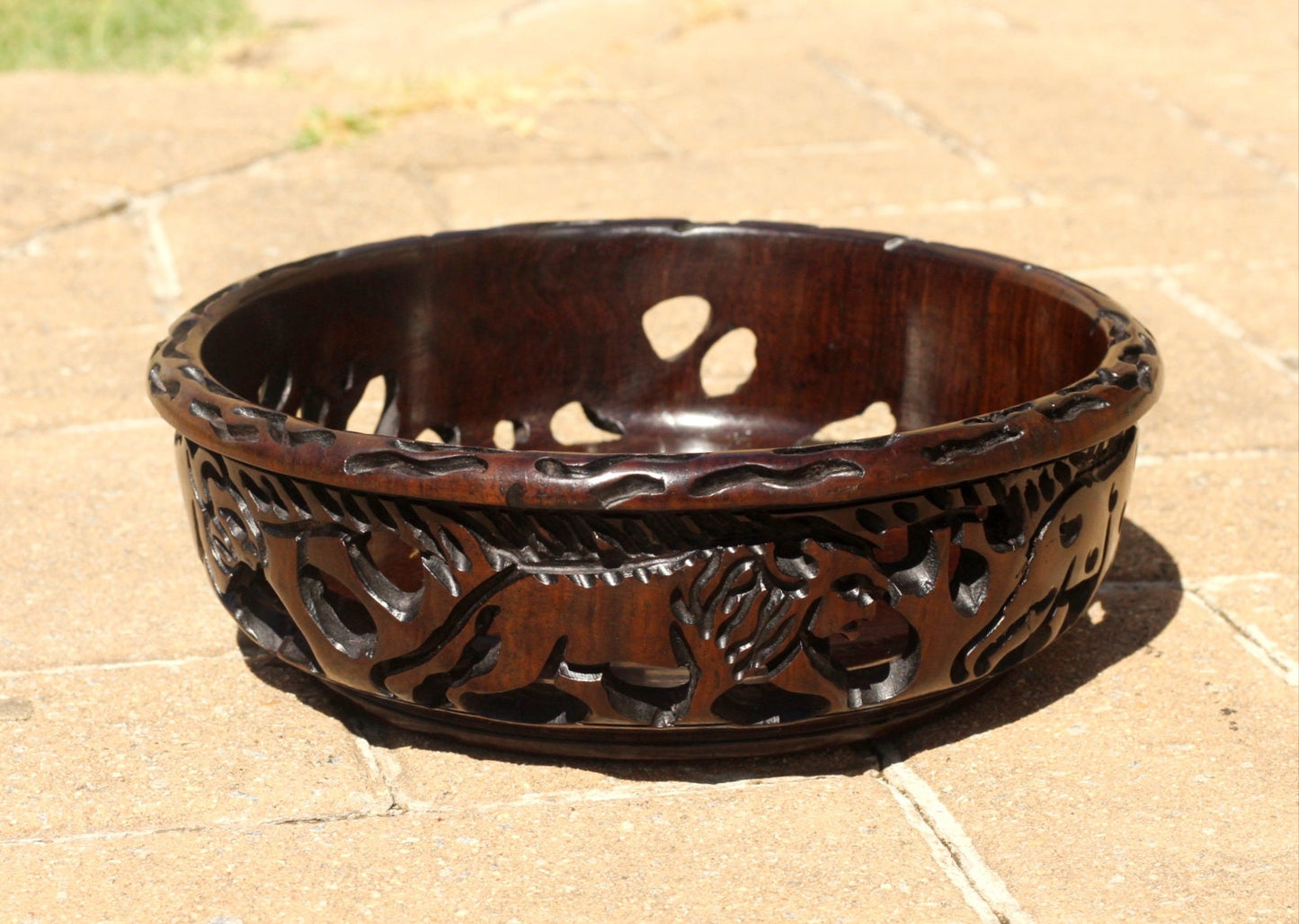 African Big Five Malawian Dark Iron Wood Bowl with pattern on top. Smooth Handcarved with animal cuttings. Home or office table Decor gifts.