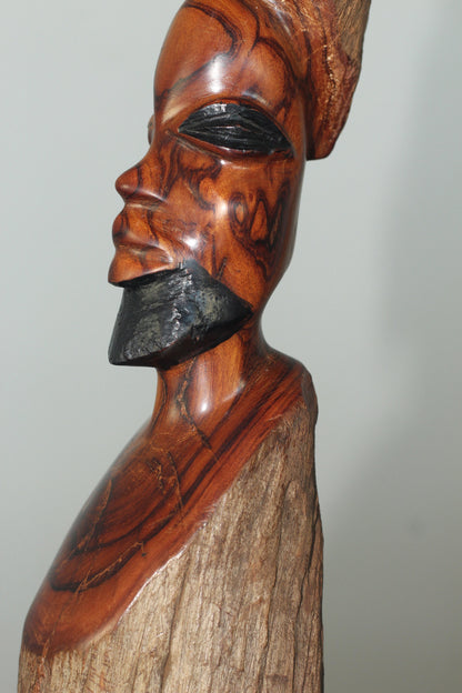 14" Tanzanian Makonde Zebra Wood African Man Sculpture for home/Office Decor. Natural Wood Texture and Smooth carved area with amazing grain