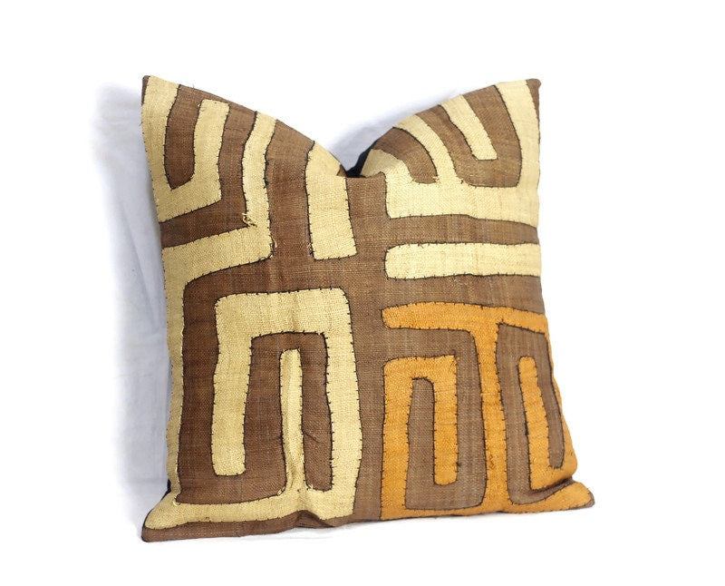 20" Kuba Clothe Cushion Cover, brown, beige, Orange Afro Bohemian decor, Congolese handwoven raffia fibers. African Art Ready to Ship Gifts