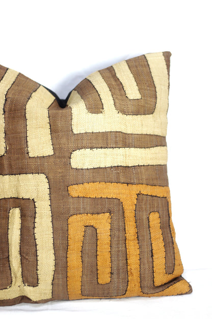 20" Kuba Clothe Cushion Cover, brown, beige, Orange Afro Bohemian decor, Congolese handwoven raffia fibers. African Art Ready to Ship Gifts