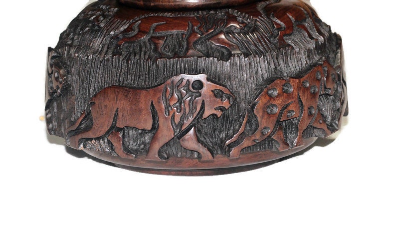 Floating Style African Big 5 Iron Wood Storage Bowl. Malawian handcarved Circular Rings lid, animals basin with Tree Carvings. Ready to Ship