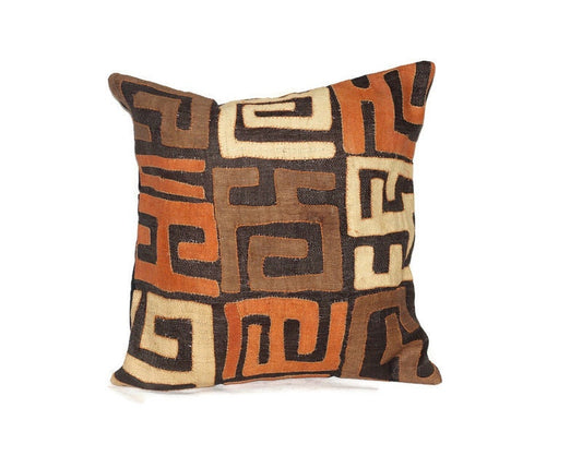 Handwoven Kuba Cloth 20" Cushion Cover/Pillow case. Mixed colour Authentic Congo raffia palm art. Brown, Orange, Beige, Black. Ready to ship