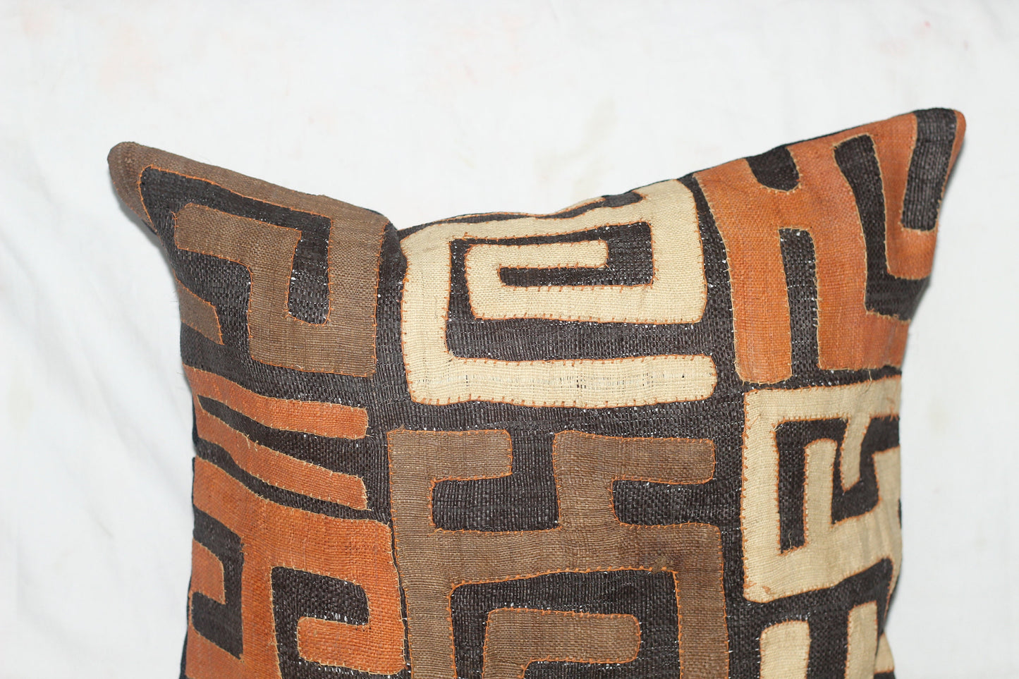 Handwoven Kuba Cloth 20" Cushion Cover/Pillow case. Mixed colour Authentic Congo raffia palm art. Brown, Orange, Beige, Black. Ready to ship