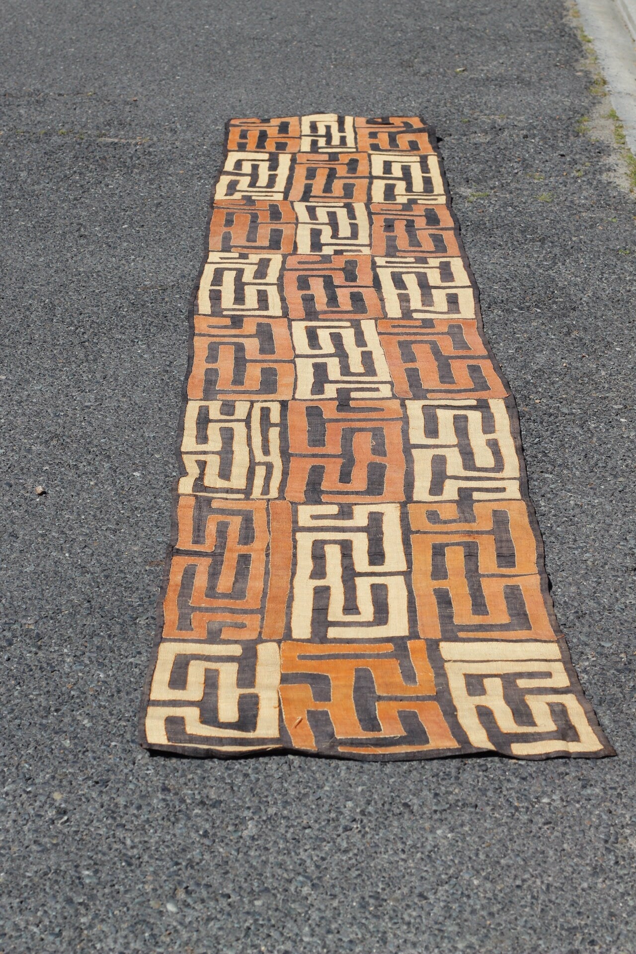 Authentic Congolese 3 Rows Kuba Clothe/throw. Orange and Beige on Black, Long  Dining table decor. Also framable for Wall Art. DIY Cushions