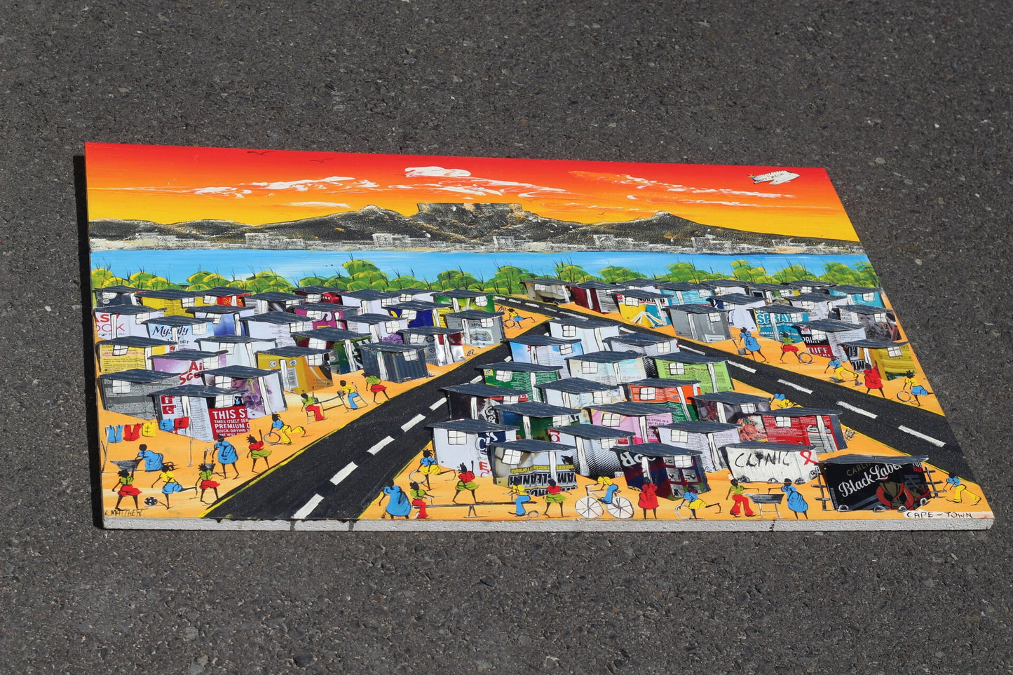 Large Sunset Orange 3D South African Townships painting on Chip board. Unique Wall Decor, Cape Town Table Mountain art Conference room Art.