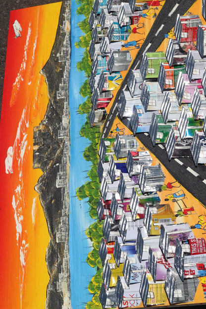 Large Sunset Orange 3D South African Townships painting on Chip board. Unique Wall Decor, Cape Town Table Mountain art Conference room Art.