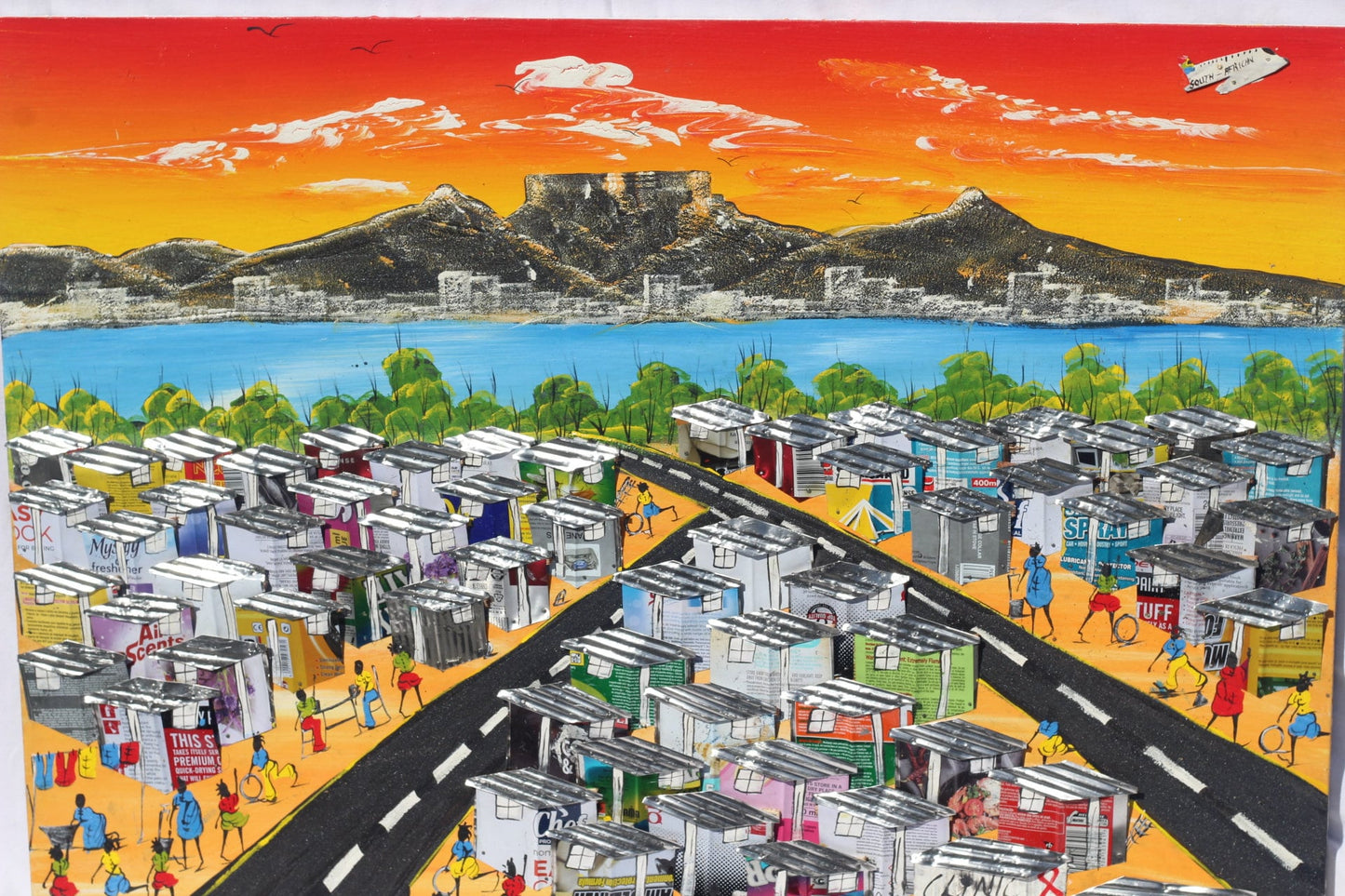 Large Sunset Orange 3D South African Townships painting on Chip board. Unique Wall Decor, Cape Town Table Mountain art Conference room Art.