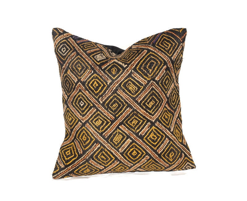 19"×18" Authentic showa Kuba clothe pillow case. Black, yellow and brown Congolese Rafia Cushion cover. African Art Gifts Home/Office decor