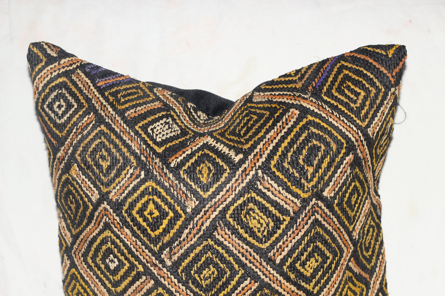 19"×18" Authentic showa Kuba clothe pillow case. Black, yellow and brown Congolese Rafia Cushion cover. African Art Gifts Home/Office decor