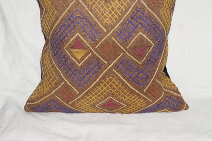 20" Authentic showa Kuba clothe pillow case. Brown, Yellow, Beige and Purple Congolese Rafia Cushion cover. African Gifts Home/Office decor