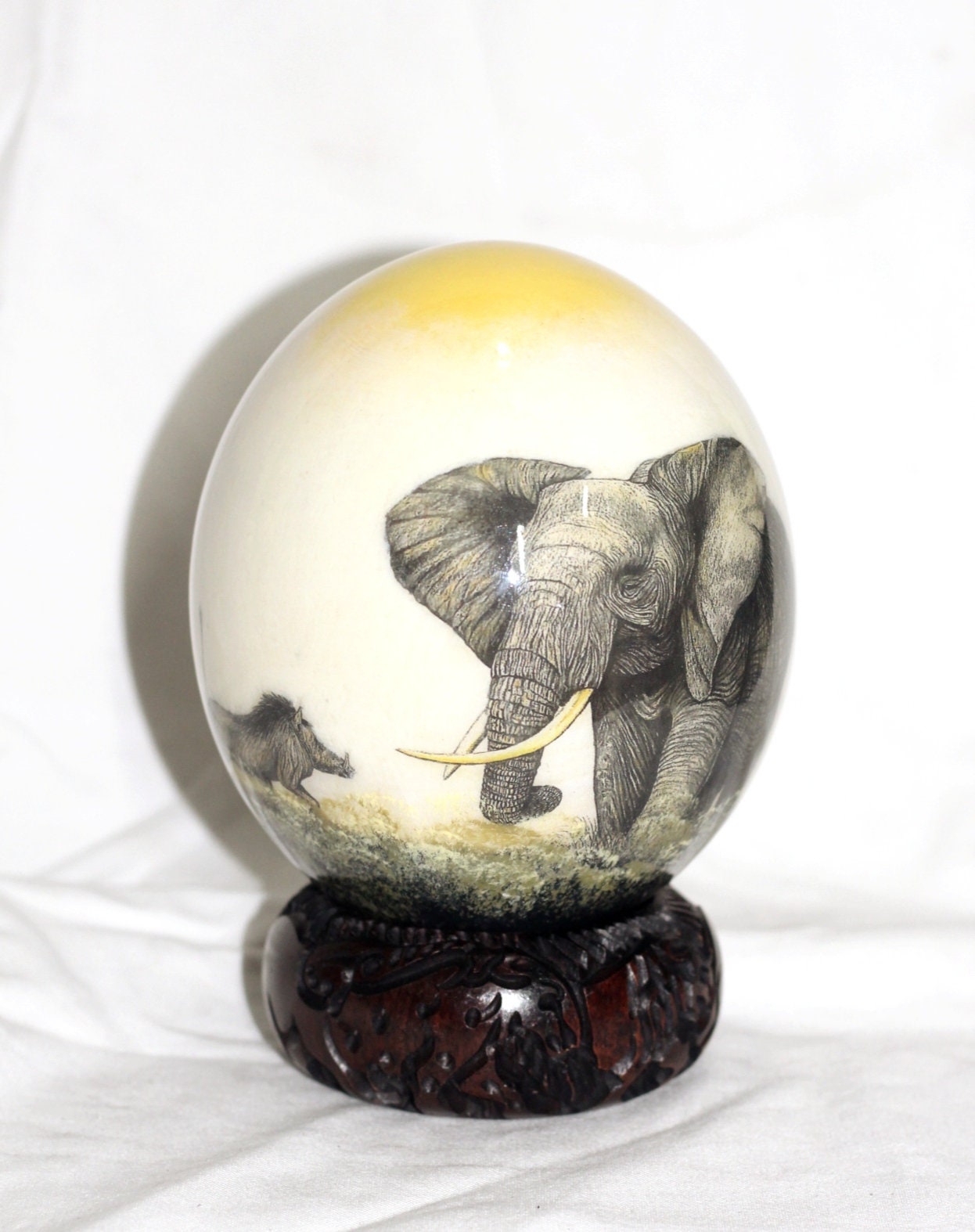 Decoupage Ostrich Egg Full body Elephant and Warthog/Wild pig/Wild boar on White and Yellow background. Unique art Decor Gift ready to Ship