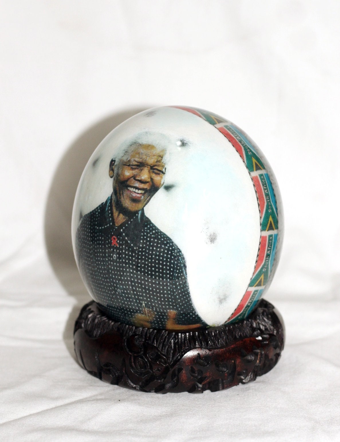 Nelson Mandela Ostrich Egg Decoupage with South African flags and Africa Map on white and blue background. Handmade Art gifts ready to Ship