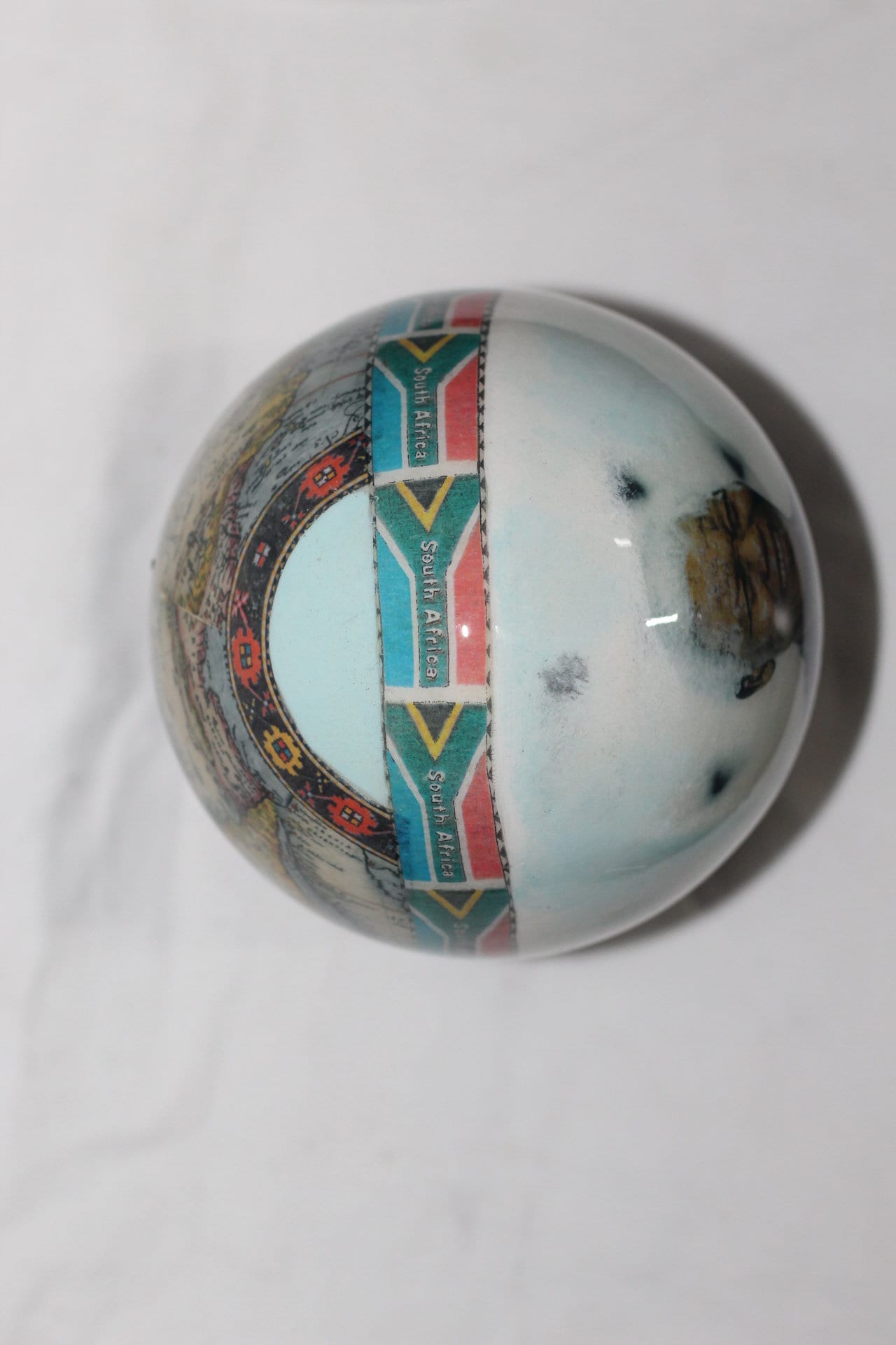 Nelson Mandela Ostrich Egg Decoupage with South African flags and Africa Map on white and blue background. Handmade Art gifts ready to Ship