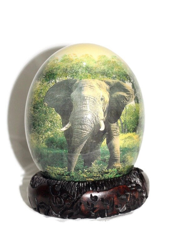 Ostrich Egg Decoupage Gray Elephant Art. Africae Tabula Nova, Green Map of Africa Background. Home or Office decor Art Gifts ready to Ship