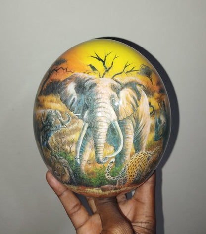 Sunset Themed Handpainted African Big Five Decoupage Art With African Map on an authentic Ostrich Egg Shell. Gifts for home/Office decor