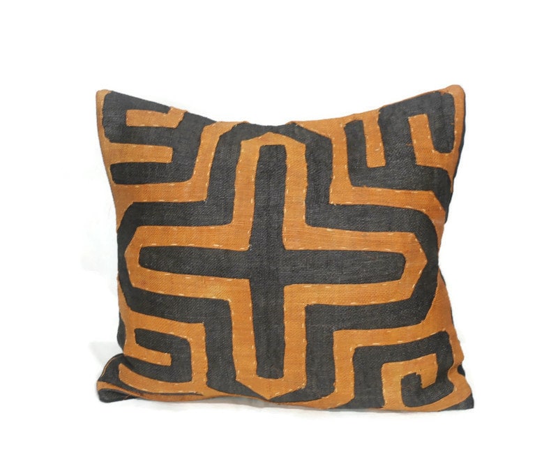 21×19" Handwoven Orange and Black Kuba Cloth Cushion Cover/Pillow case. Authentic Congo raffia palm fibers. Home Decor ready to Ship Gift