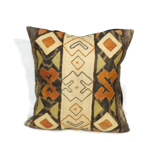 20" Unique Vintage Kuba Cloth Cushion Cover/Pillow case. Authentic Congo raffia palm fibers. African Home decor Gift Ready to Ship Worldwide