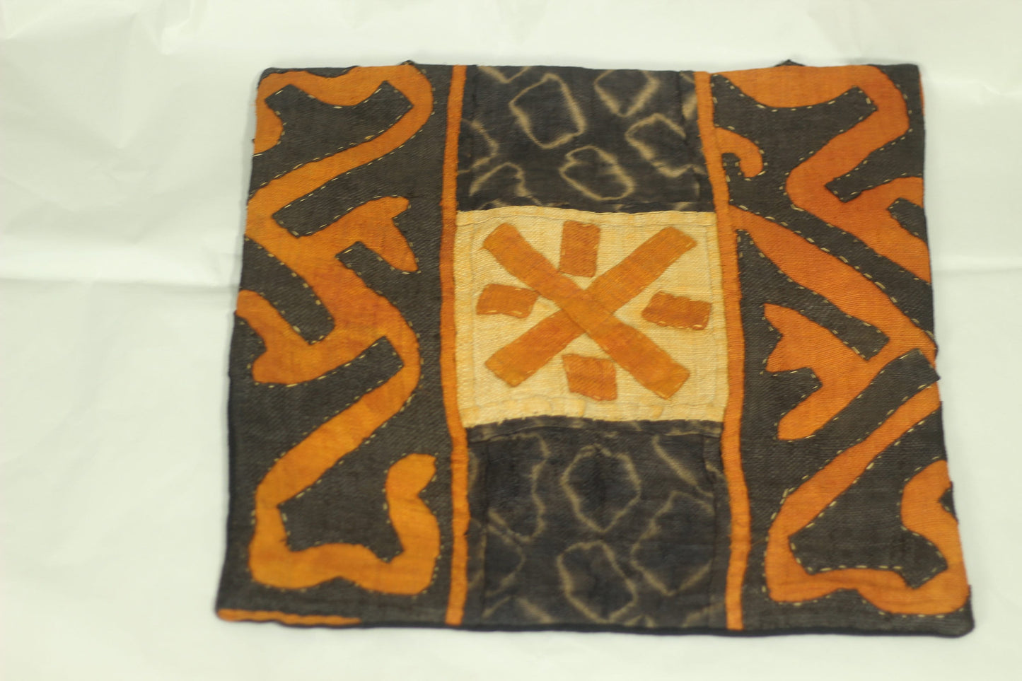 Unique Patchework Mixed colors Kuba Cloth Cushion Cover/Pillow case. Dyed Black, beige and Orange Authentic Congo raffia. Home decor Gifts