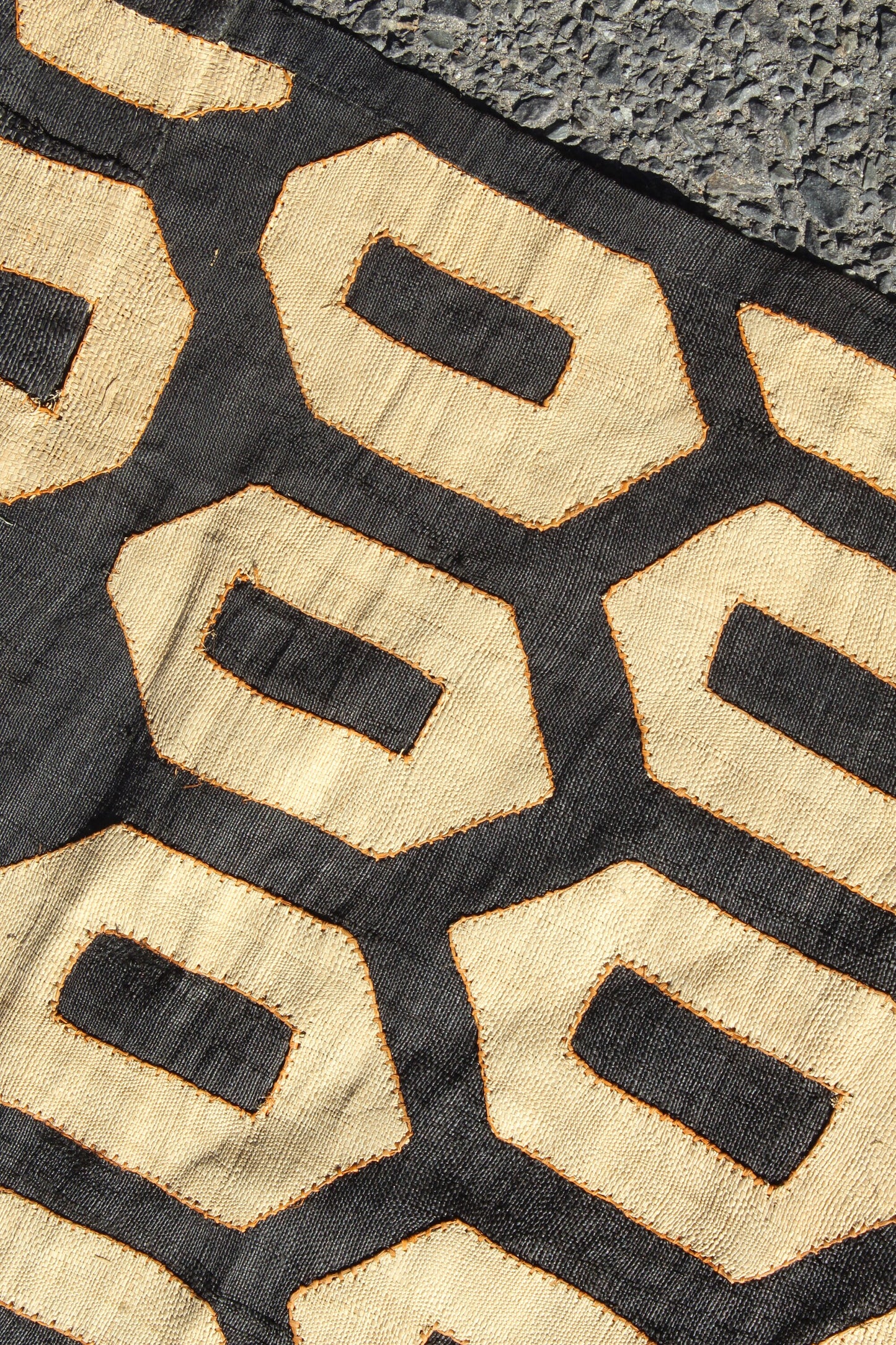 124" Black & Beige Large Uncut Congolese Kuba Cloth Rug. Use on a Conference/Dining room table. Can be used as Wall Decor/ DIY Cushion cover