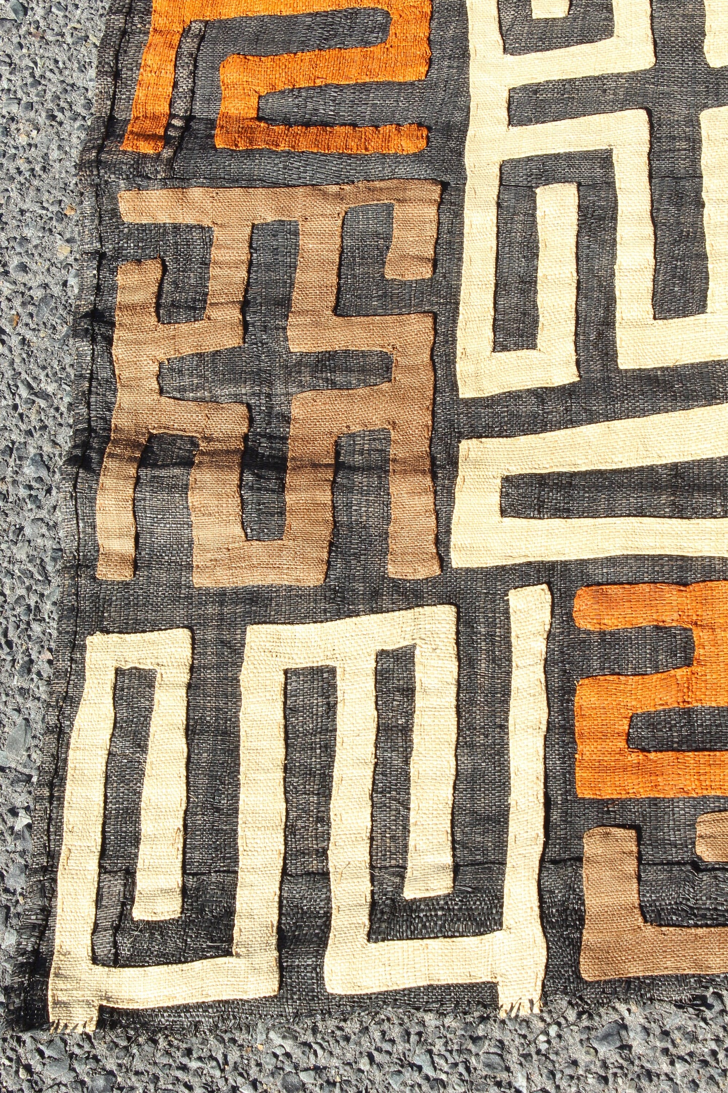 70" Authentic Congolese 2 Rows Kuba Clothe/throw. Orange, Brown, Beige on Black, Long  Dining table decor. Also use as Wall Art. DIY Cushion