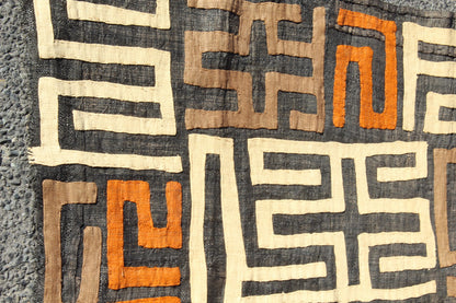 70" Authentic Congolese 2 Rows Kuba Clothe/throw. Orange, Brown, Beige on Black, Long  Dining table decor. Also use as Wall Art. DIY Cushion