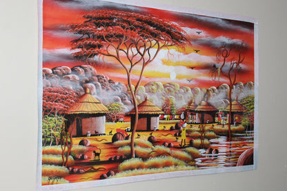 Peinture acrylique sur toile représentant un village montagneux africain au coucher du soleil, 39 pouces. Art mural peint à la main sans cadre pour la décoration de la maison/du bureau. Signée par l'artiste