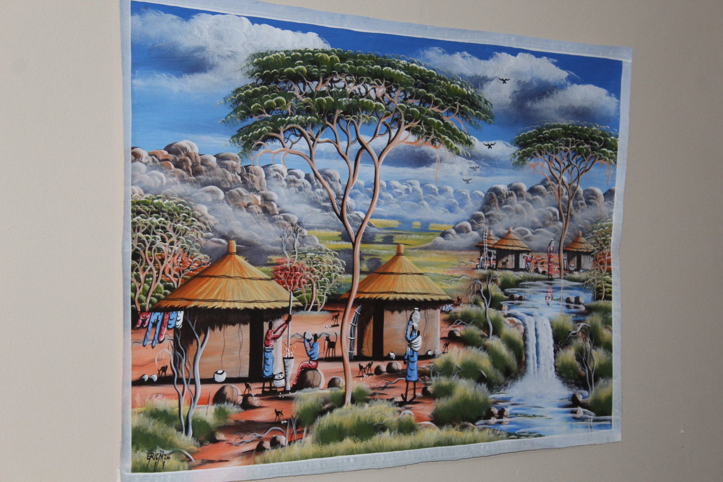 39" Blue Sky African Mountainous Village With Waterfall lifestyle Acrylic Painting on Canvas. Hand painted Unframed Wall Art for home/office