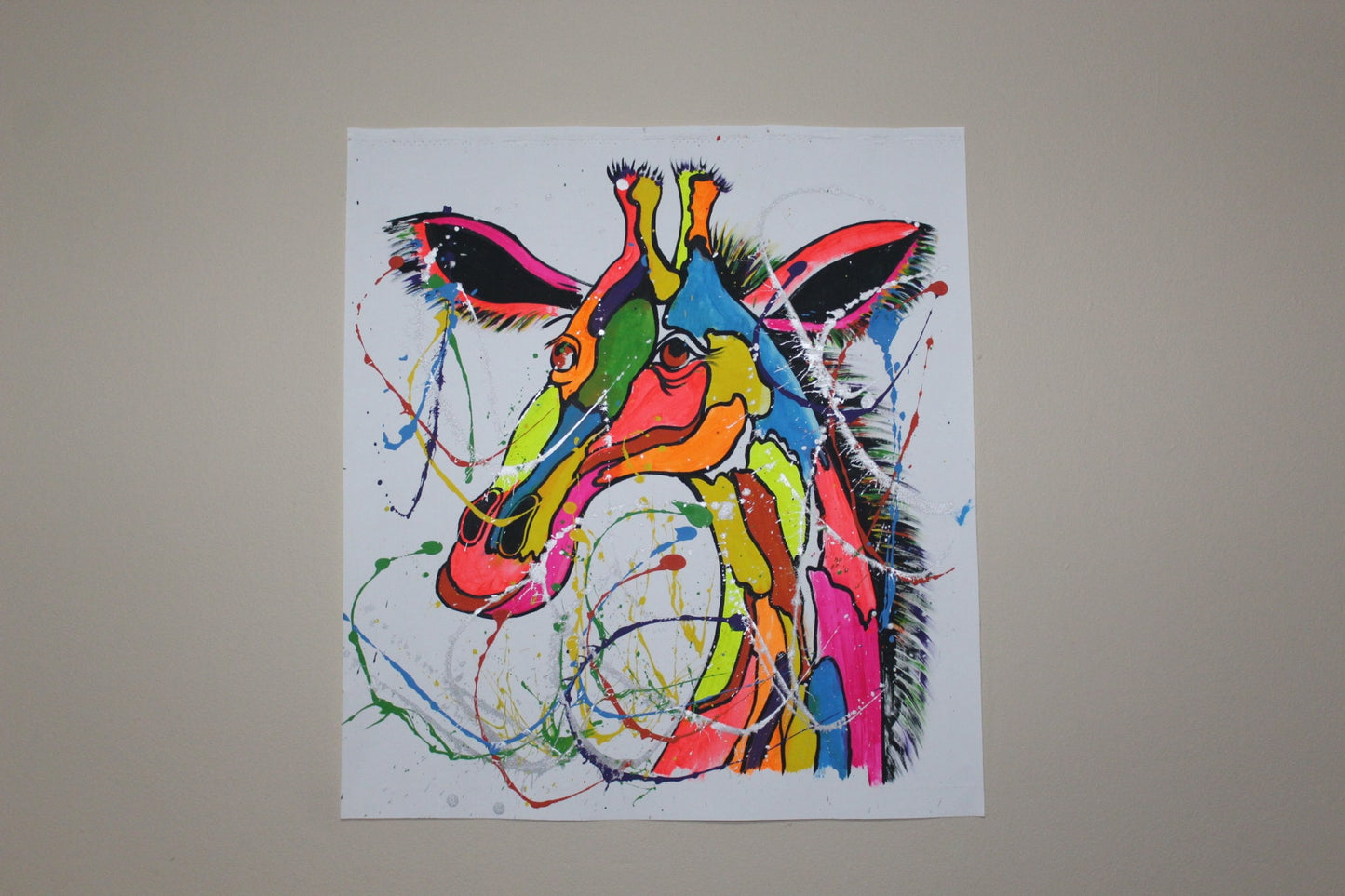 Colourful Giraffe Acrylic Painting on Canvas with sprinkled silver paint. Unframed rainbow theme Hand Painted Wall Art home/office decor