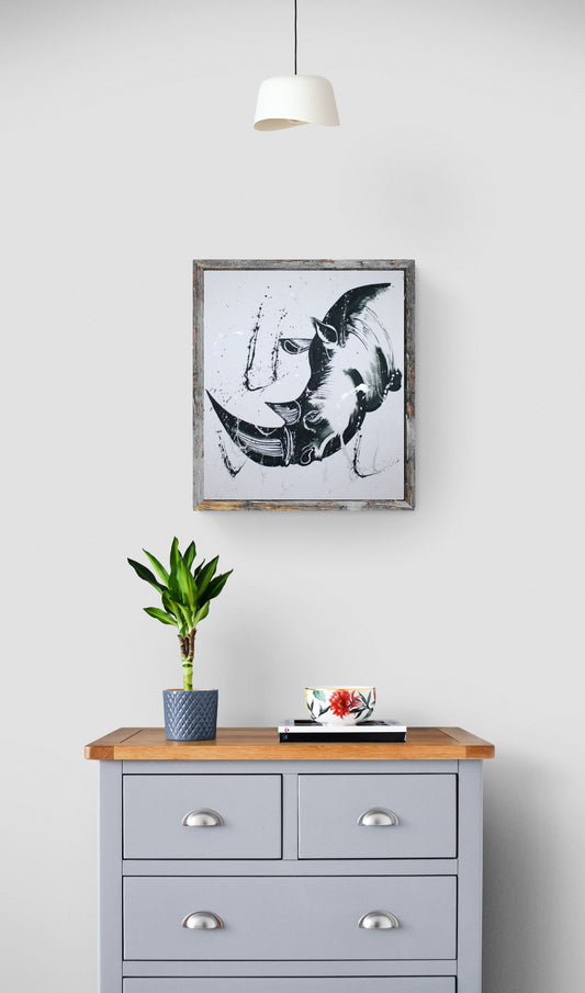 Black and White Hand Painted Rhino Acrylic Painting on Canvas. Unframed Wall Art with Brush Sprinkled silver paint for home/office decor.