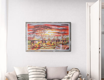 Peinture acrylique sur toile représentant un village montagneux africain au coucher du soleil, 39 pouces. Art mural peint à la main sans cadre pour la décoration de la maison/du bureau. Signée par l'artiste