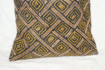 19"×18" Authentic showa Kuba clothe pillow case. Black, yellow and brown Congolese Rafia Cushion cover. African Art Gifts Home/Office decor