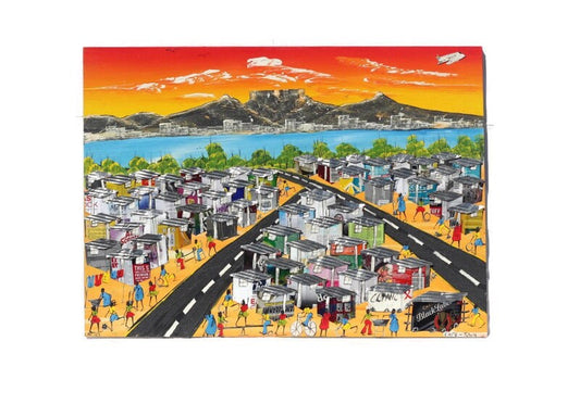 Large Sunset Orange 3D South African Townships painting on Chip board. Unique Wall Decor, Cape Town Table Mountain art Conference room Art.